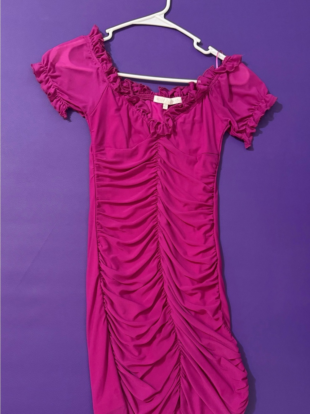 Fuchsia Ruched Mini Dress with Ruffle Neckline